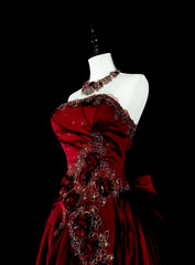 Vintage 1760s A Line Strapless Wine Red With Back Bow-knot Sleeveless Pleated Long Prom Dresses N1591
