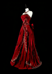 Vintage 1760s A Line Strapless Wine Red With Back Bow-knot Sleeveless Pleated Long Prom Dresses N1591
