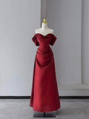 Simple Prom Dresses A Line Off The Shoulder Burgundy Satin With Ruffle Long Formal Gown N2946