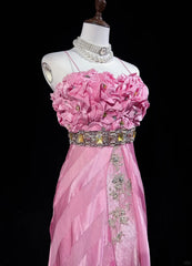 Vintage Prom Dresses Spaghetti Strap Mermaid Pink With Gold Lace Long Formal Evening Outfits N3862