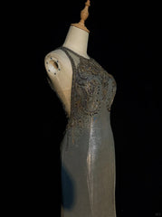 Charming Prom Dresses Mermaid Scoop Grey Gray With Beaded Long Formal Evening Outfits N3689