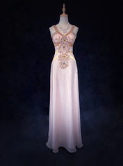 Vintage Prom Aesthetic Dresses A Line V Neck Chiffon Pink With Beading Long Formal Dance Dress N3009