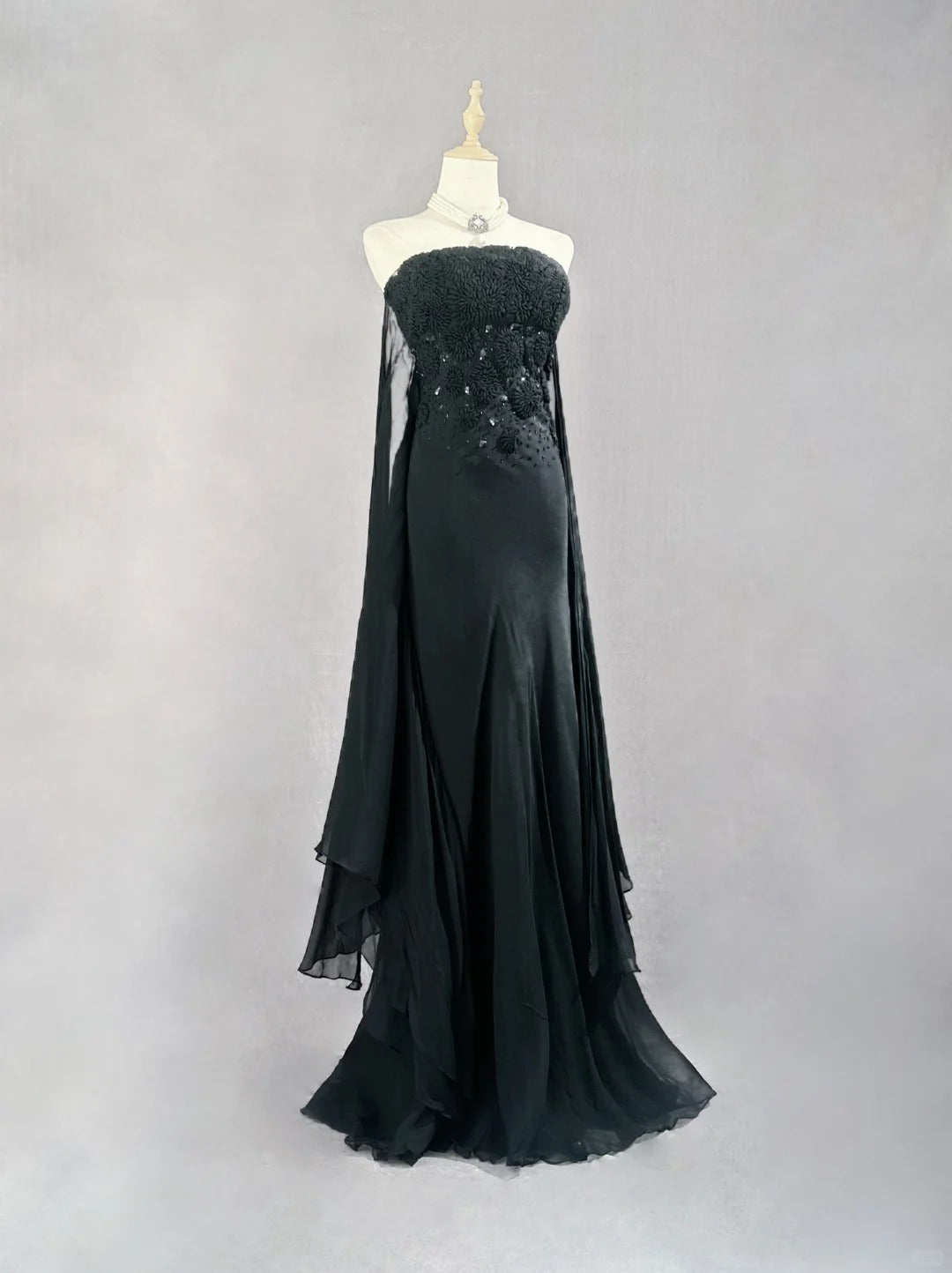 Classy Prom Dresses Mermaid Strapless Chiffon Black Tie Dress With Cape Long Formal Evening Outfits N3703