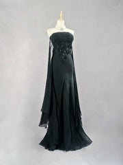 Classy Prom Dresses Mermaid Strapless Chiffon Black Tie Dress With Cape Long Formal Evening Outfits N3703