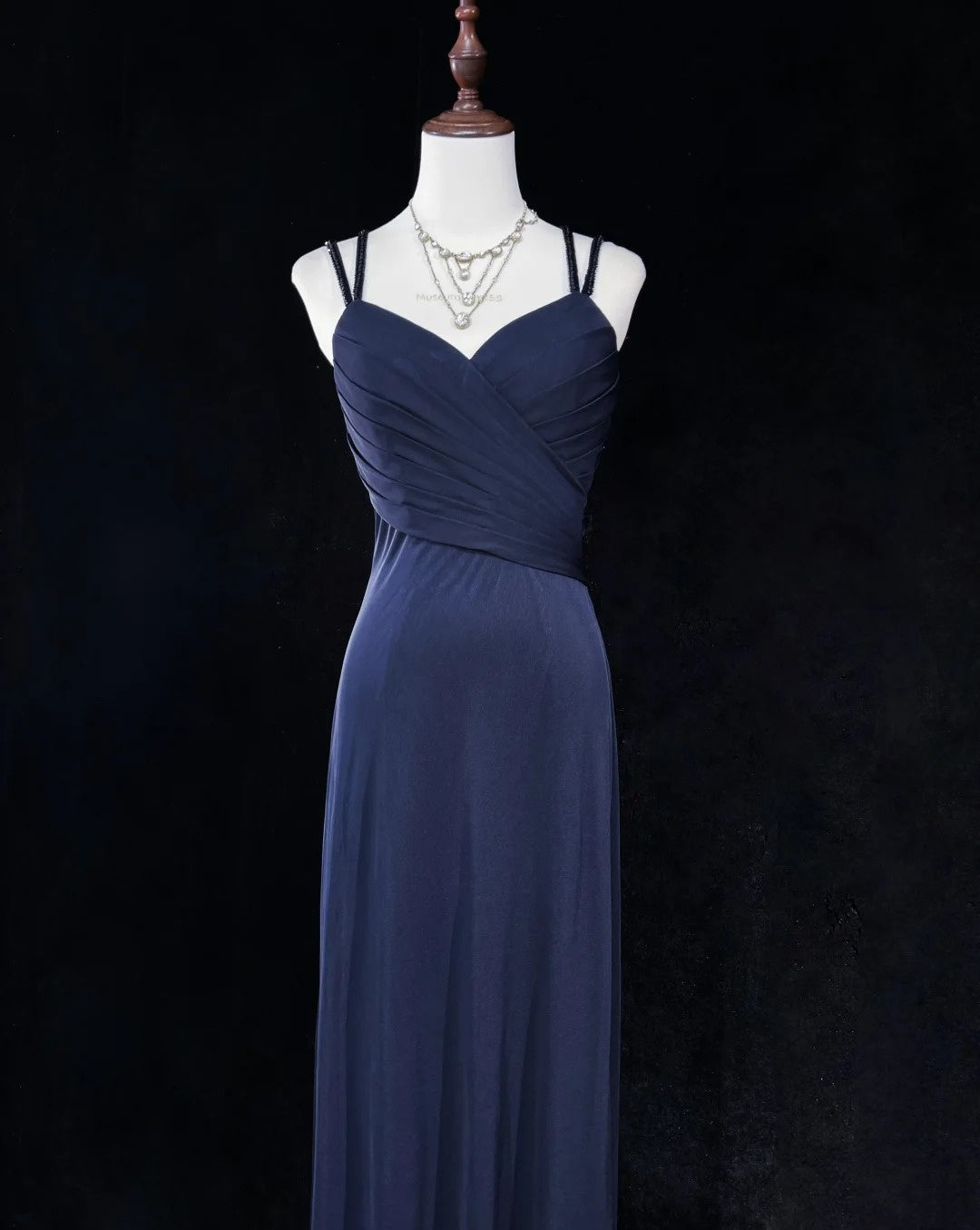 Vintage Prom Dresses 1980s A Line Spaghetti Strap Satin Navy Blue Long With Beading Evening Outfits N3133