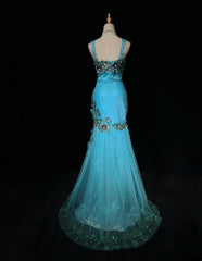 Vintage Prom Dresses Inspo Mermaid Straps Tulle Blue Long 1990s With Lace Appliqued Formal Gowns N3360