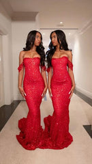 Glitter Mermaid Off The Shoulder Red Sequins Long Formal Fancy Prom Evening Dress Dinner Outfits Classy Party Gowns For Black Girls AB2086