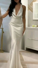 Cheap Mermaid V Neck White Silky Satin Long Formal Fancy Prom Evening Dress Dinner Outfits Classy Party Gowns AB2030