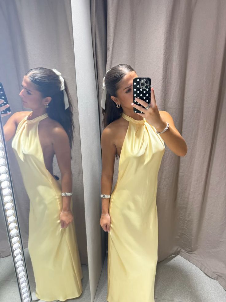 Simple Mermaid Halter Slim Yellow Silky Satin Long Formal Fancy Prom Backless Evening Dress Dinner Outfits Classy Party Gowns AB2031