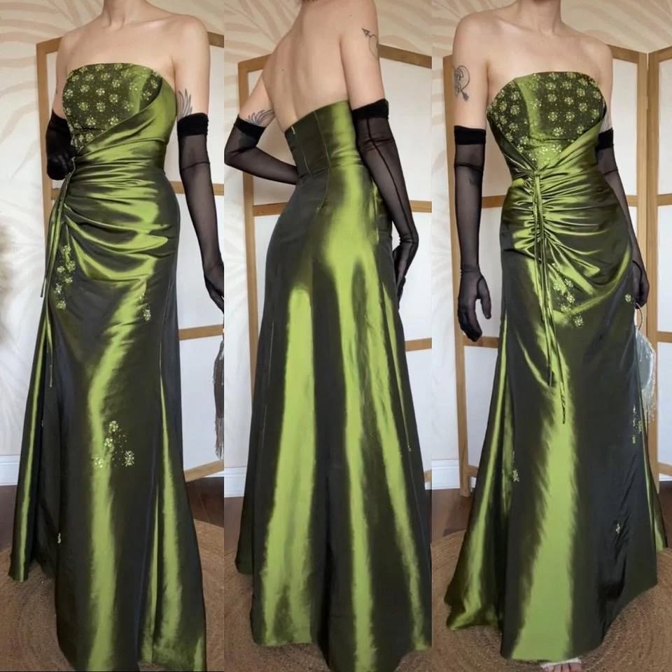 Vintage Mermaid Strapless Olive Green With Ruffled Satin Long Evening Prom Dresses N1795