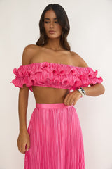 Amaria Off-Shoulder Lettuce Edge Crop Top Hot Pink
