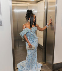 Sexy Off The Shoulder Mermaid Light Sky Blue Sequins For Black Women Girls Long Prom Dress Evening Dresses 15 16 Birthday Gown AB1776