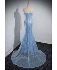Stylish Mermaid Strapless Sequin Blue Scalloped Prom Dress AB1831