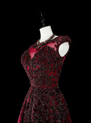 Vintage A line Scoop Burgundy Tulle 70s With Beads Long Prom Gown Party Wear Dresses N1844