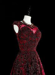 Vintage A line Scoop Burgundy Tulle 70s With Beads Long Prom Gown Party Wear Dresses N1844