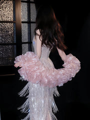 Glittery Sheath Strapless With Tassels Beads Sleeveless Pink Prom Dresses Inspiration Long Night Outfits Birthday Outfits AB2214