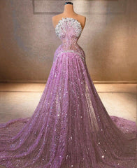 Classy A Line Strapless Lilac Sequins Prom Dresses With Silver Beads Party Gowns Long Evening Dresses AB2169