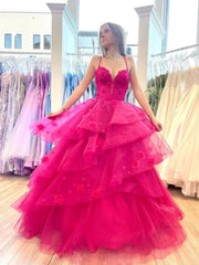 Ball Gowns Prom Dress Women Spaghetti Straps Hot Pink Tulle Long Formal Dance Evening Party Gowns AB1734