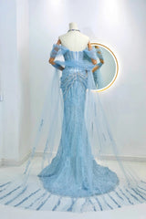 Sparkly Mermaid Off The Shoulder Blue Sequined Long Prom Dresses Party Dress Birthday Outfits Graduation Gown N2842