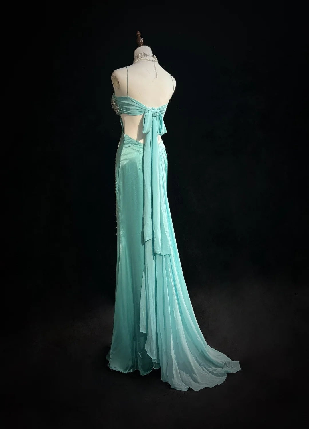 Classy Prom Dresses Mermaid Spaghetti Strap Backless Tiffany Blue Chiffon With Beaded Long Formal Evening Outfits N3708