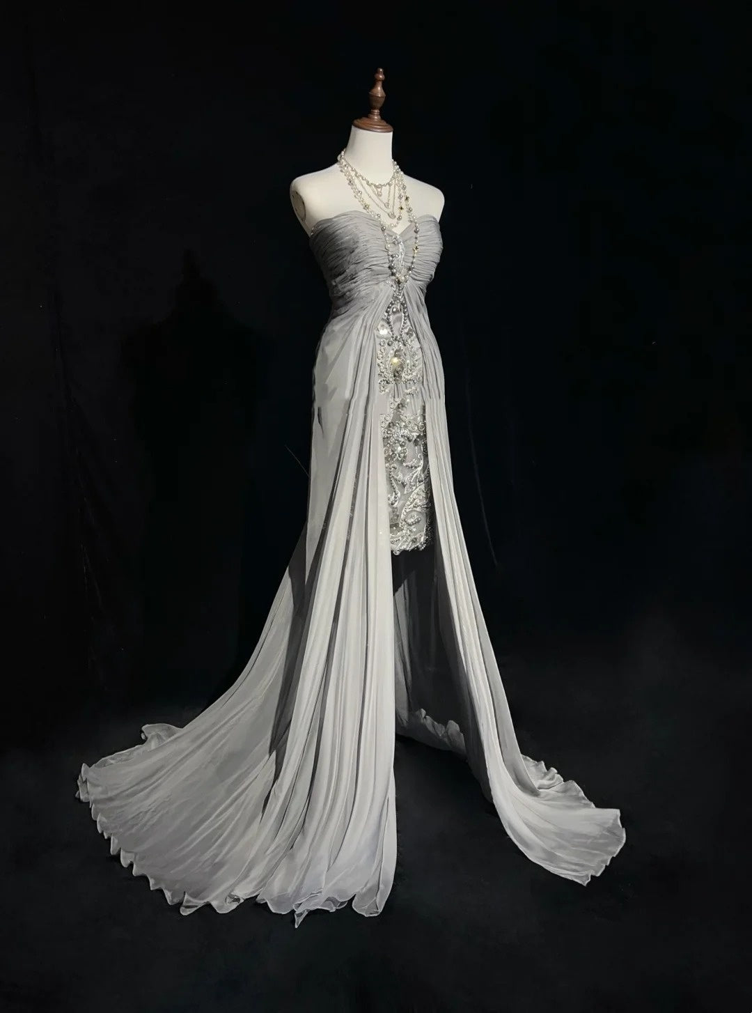Vintage 90s Prom Dresses Sheath Sweetheart High Low Silver Grey Chiffon Long Prom Gown N3020