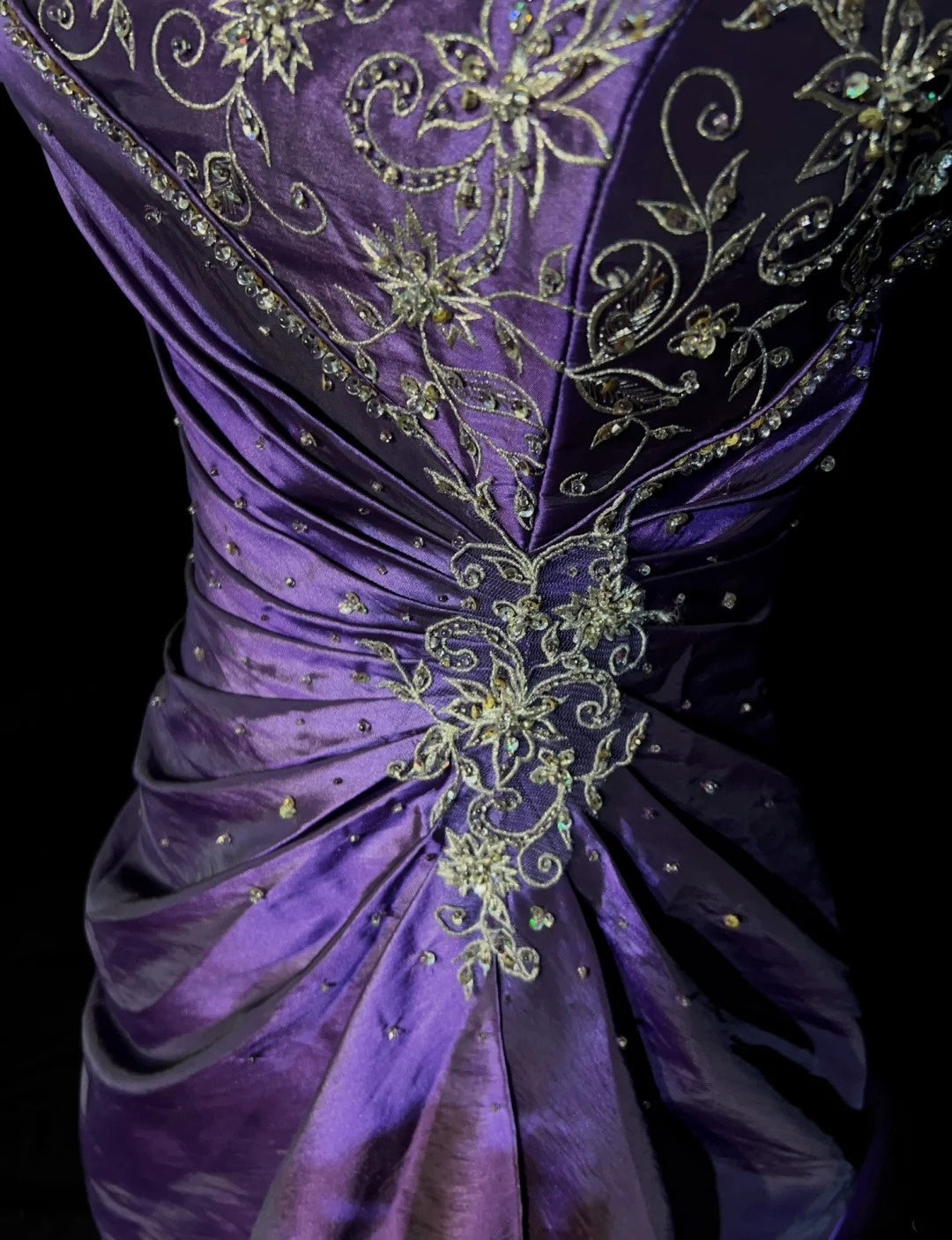 Vintage Prom Dresses Ball Gown Strapless Purple With Gold Lace Applique 80s Long Formal Evening Outfits N3886