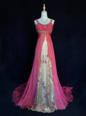 Vintage Prom Dresses A Line Halter Hot Pink Chiffon With Gold Lace Long Formal Evening Outfits N3856