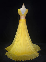 Modest Prom Dresses Mermaid V Neck Yellow Chiffon With Beading Gold Lace Long Formal Evening Dress N3867
