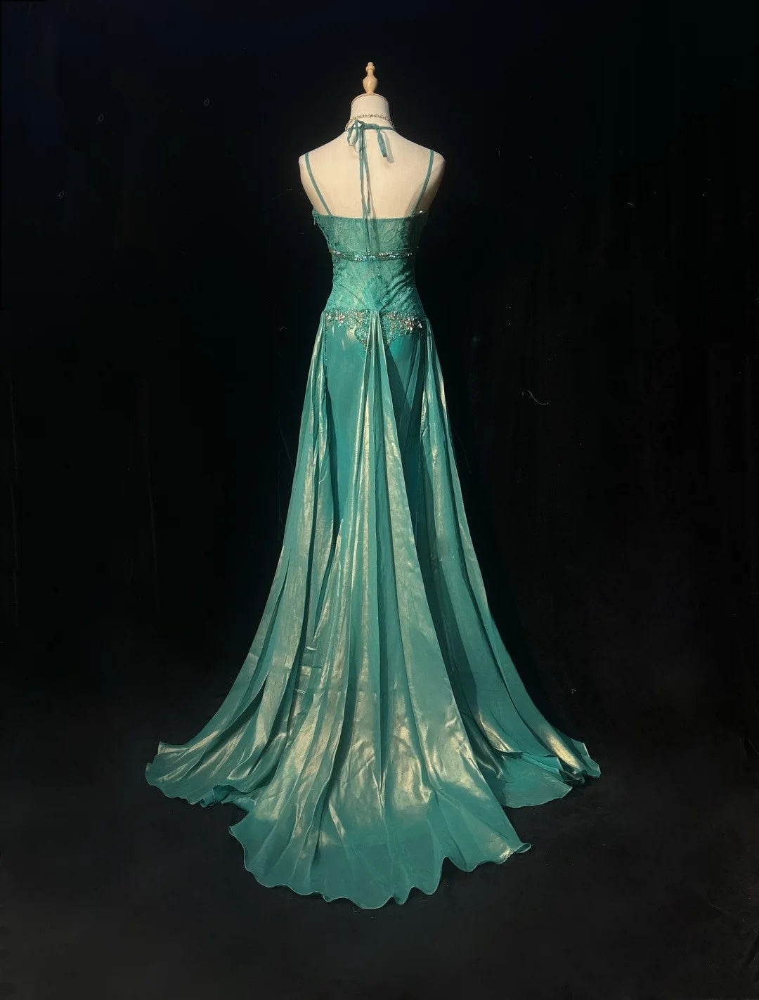 Elegant A Line Spaghetti Strap Blue Chiffon With Beaded Bodice Formal Dress Long Prom Dresses N2724