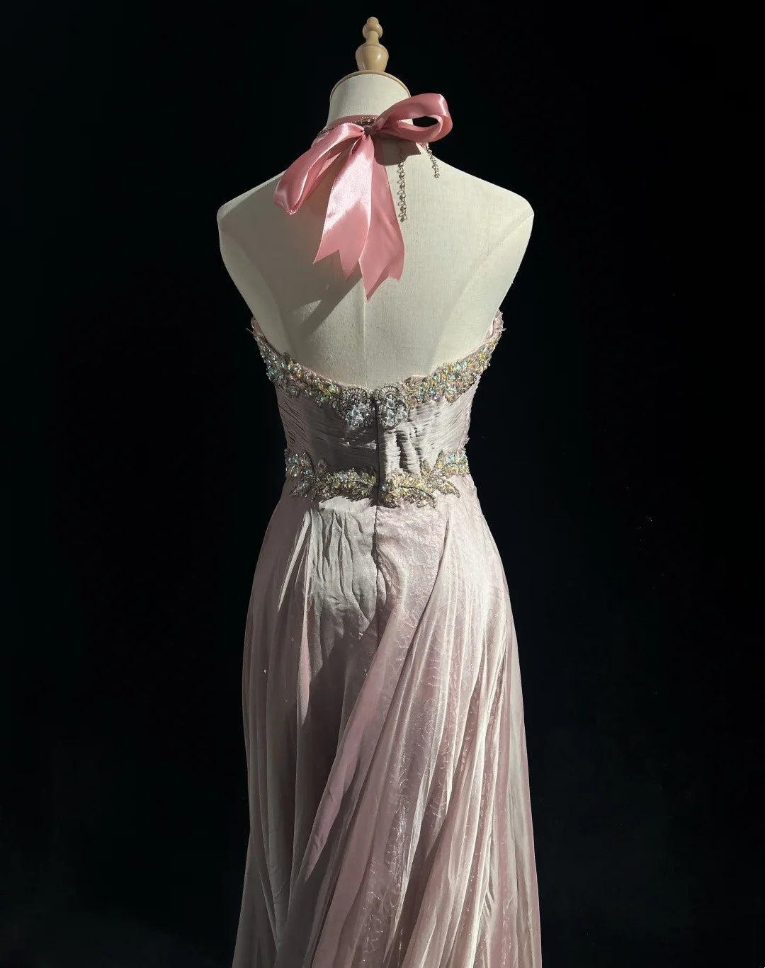 Vintage Prom Aesthetic Dresses A Line Halter Light Pink Chiffon With Beading Long Formal Dress N3034