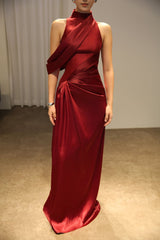 Classy Prom Dresses Inspiration A line High Neck Wine Red Burgundy Satin Long Semi Formal Dance Grad Prom Dress For Teens High Schools AB1969