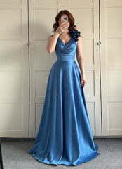 Chic A line V Neck Royal Blue Satin Pleated Sleeveless Long Party Women Prom Dresses AB1874