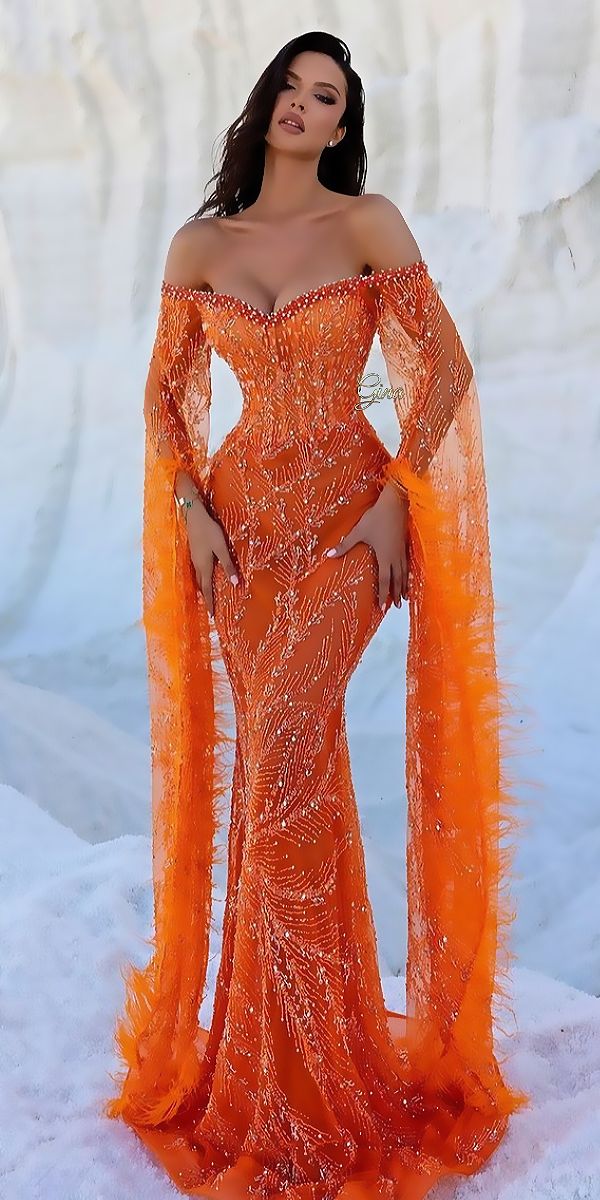 Mermaid Off The Shoulder Orange Sequin Prom Dress Women Long Formal Dance Party Gowns AB1750
