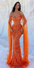 Mermaid Off The Shoulder Orange Sequin Prom Dress Women Long Formal Dance Party Gowns AB1750