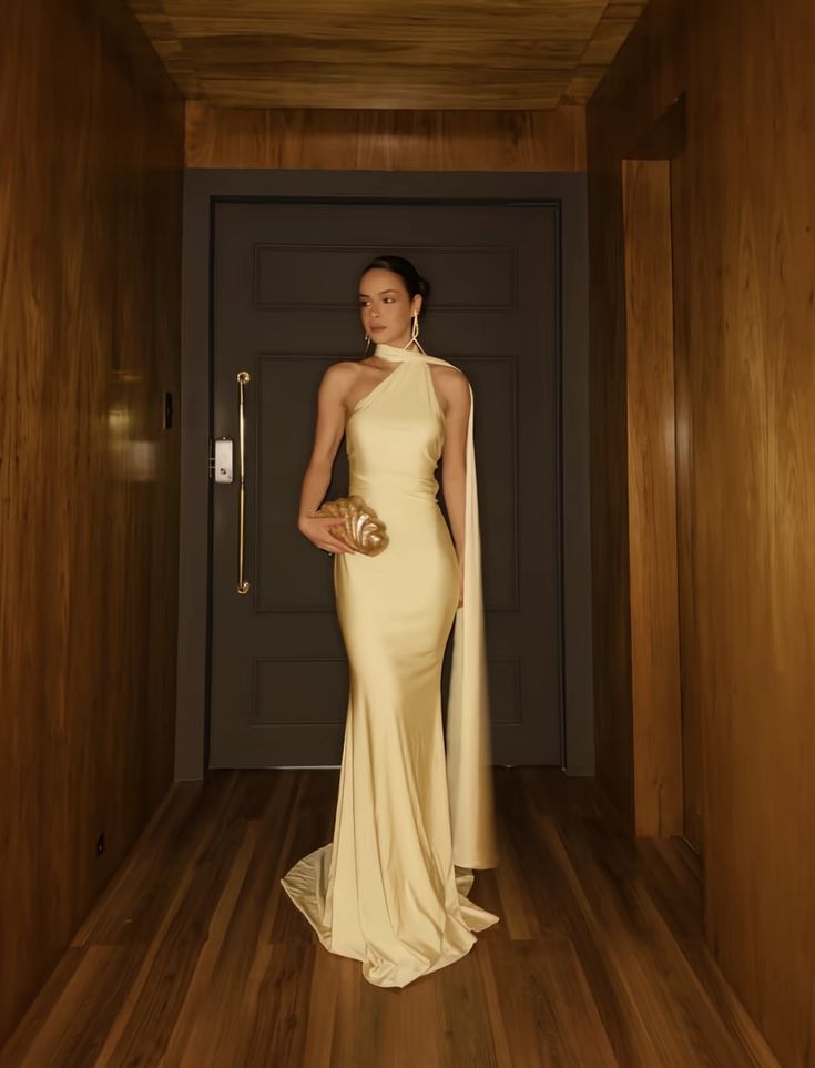 Classy Mermaid One Shoulder Slim Yellow Long Formal Fancy Prom Evening Dresses Dinner Outfits Classy Party Gown AB2049