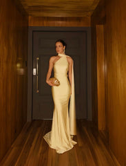 Classy Mermaid One Shoulder Slim Yellow Long Formal Fancy Prom Evening Dresses Dinner Outfits Classy Party Gown AB2049