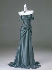 Elegant Pleated Satin Formal Mermaid Evening Dress,Fahsion Graudation Prom Dresses With Off-The-Shoulder N1870