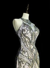 Vintage 1960s Mermaid High Neck Sleeveless Tulle Light Sky Blue Long Prom Formal Dresses N1581