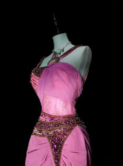 Vintage 1960s Mermaid Sweetheart With Straps Pink Satin Sleeveless Long Prom Formal Dresses N1597