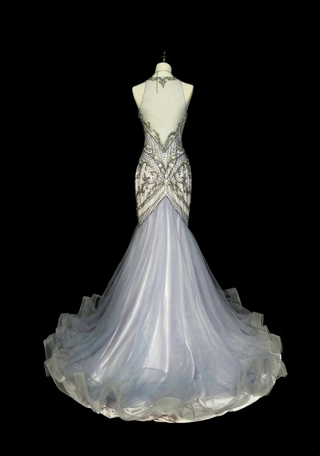 Vintage 1960s Mermaid High Neck Sleeveless Tulle Light Sky Blue Long Prom Formal Dresses N1581