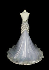 Vintage 1960s Mermaid High Neck Sleeveless Tulle Light Sky Blue Long Prom Formal Dresses N1581