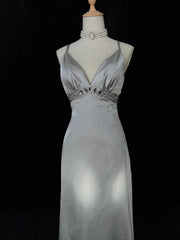 Classy Prom Dresses Inspiration Mermaid Spaghetti Strap Silver Gala Satin Sleeveless Vintage Formal Dress N3181
