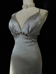 Classy Prom Dresses Inspiration Mermaid Spaghetti Strap Silver Gala Satin Sleeveless Vintage Formal Dress N3181