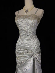 Classy Prom Dresses Inspiration Mermaid Spaghetti Strap Silver Gala Satin Beaded Vintage Formal Dress N3182