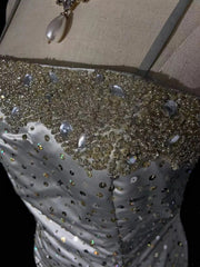 Classy Prom Dresses Inspiration Mermaid Spaghetti Strap Silver Gala Satin Beaded Vintage Formal Dress N3182