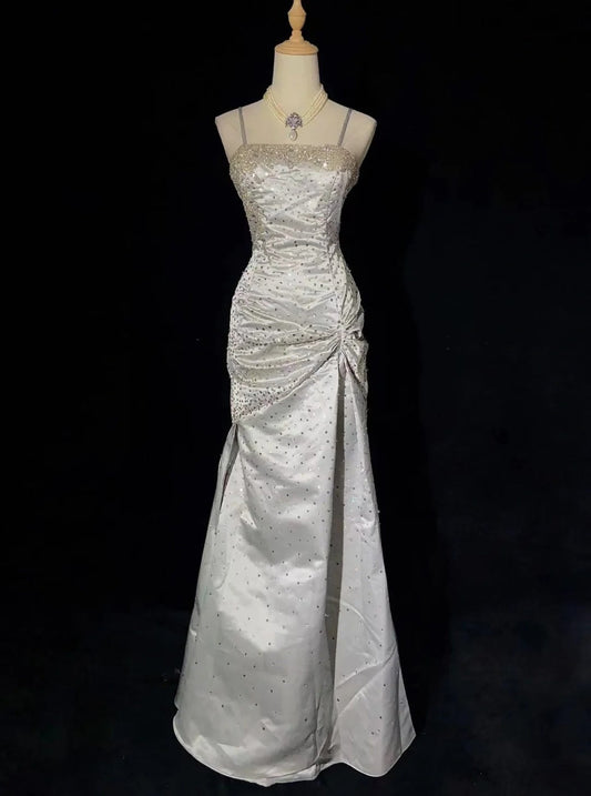 Classy Prom Dresses Inspiration Mermaid Spaghetti Strap Silver Gala Satin Beaded Vintage Formal Dress N3182