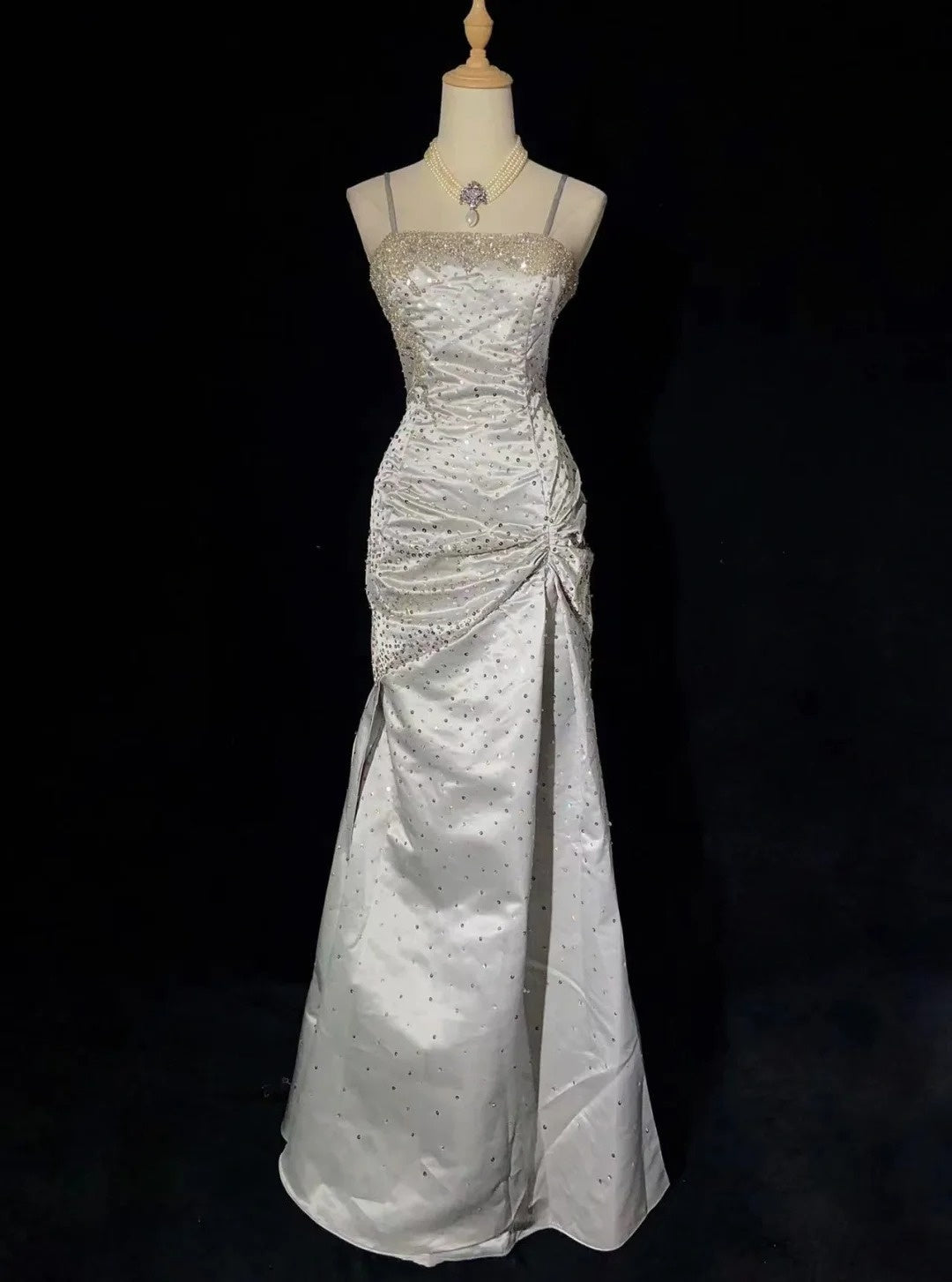 Classy Prom Dresses Inspiration Mermaid Spaghetti Strap Silver Gala Satin Beaded Vintage Formal Dress N3182