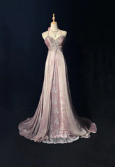 Vintage Prom Aesthetic Dresses A Line Halter Light Pink Chiffon With Beading Long Formal Dress N3034