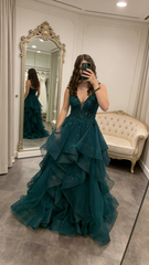 Classy Ball Gown V Neck Dark Green Tulle Appliques Prom Dresses Party Dress Long Evening Dresses AB2153