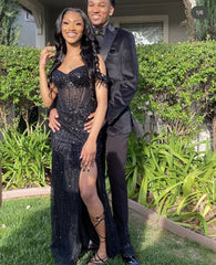 Sparkly Mermaid Off The Shoulder Slit Black Sequin For Black Girls Women Long Formal Prom Evening Dresses Dinner Outfits Party Gowns AB2100